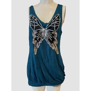 Vintage Deep turquoise  top‎ with large sequinned butterfly front size M Y2K top